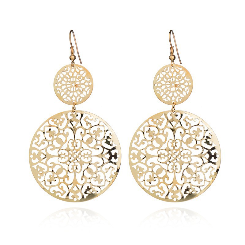 Womens Round Hollow Earrings Gold 
