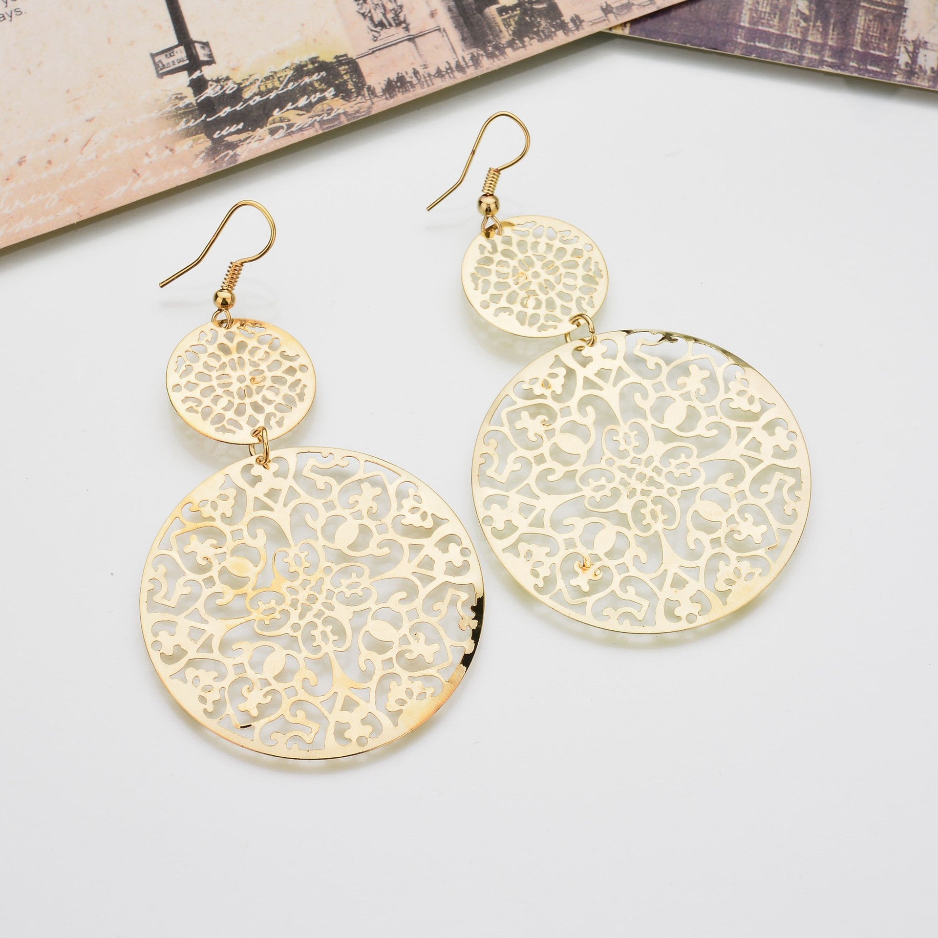 Womens Round Hollow Earrings Gold 
